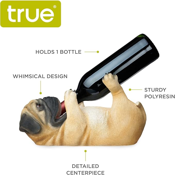 True Pug Polyresin Wine Bottle Holder - Table Top and Counter Wine Rack, Set of 1, Animal Home Decor, Brown, Holds 1 Standard Wine Bottle