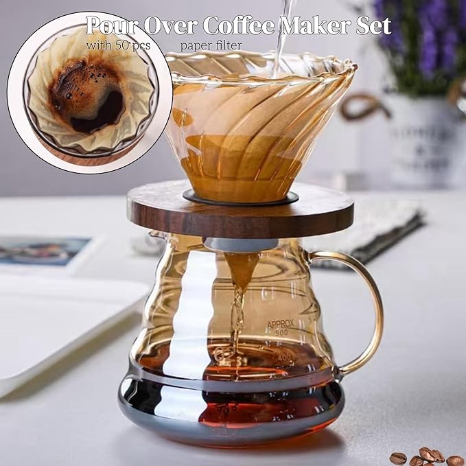 Pour Over Coffee Maker Set 20 oz, 600 ml Borosilicate Glass Coffee Server with Glass Lid, 50 pcs Paper Filter, Walnut Handle Pour Over Coffee Dripper for Home Café Restaurant, Gold