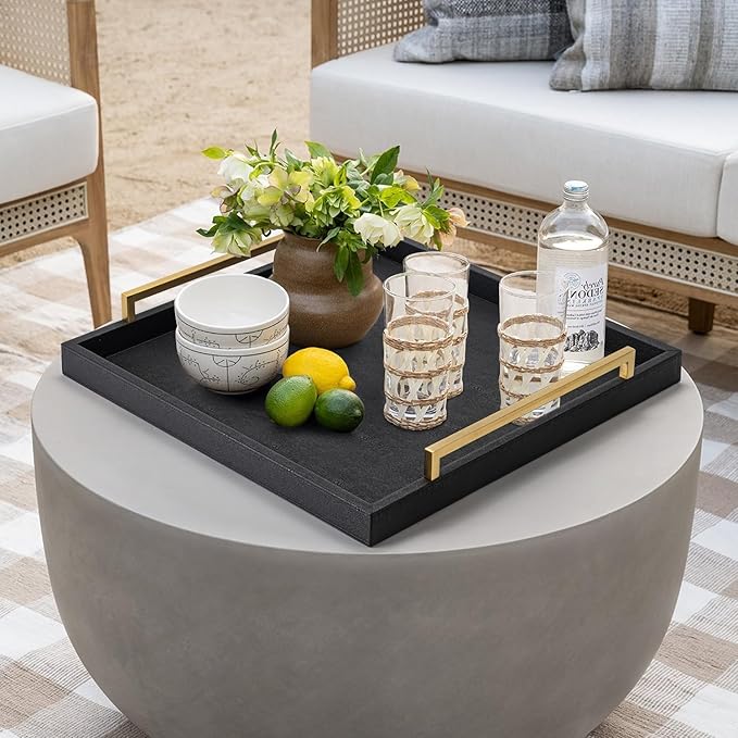 Extra Black Large Serving Tray with Handles for Ottoman,Versatile Shagreen Leather Square Ottoman Tray for Living Room