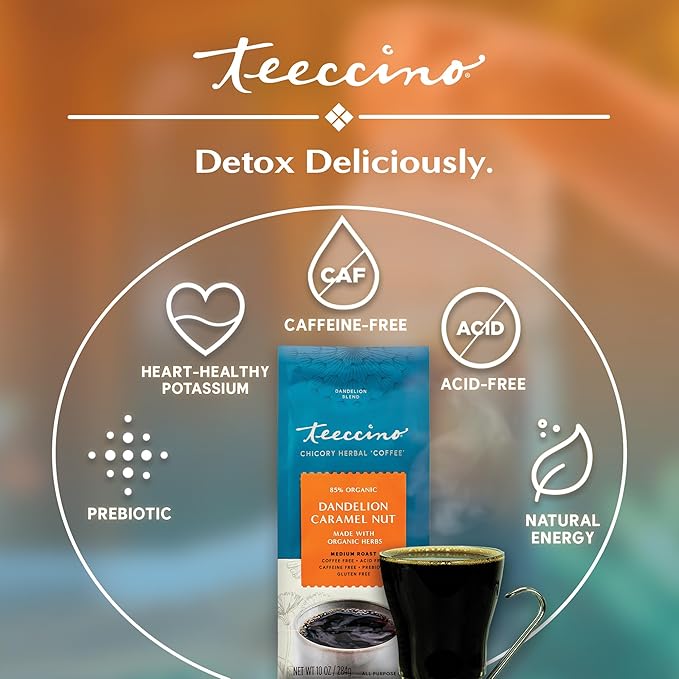 Teeccino Dandelion Caramel Nut Herbal Coffee - Caffeine-Free Coffee Alternative with Prebiotics, Gluten Free, Acid Free - Medium Roast, 10 oz (Pack of 3)