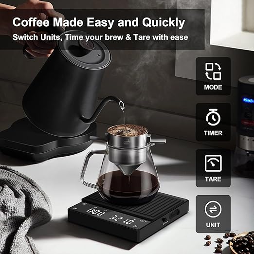 Rechargeable Mini Coffee Scale, Diyife Pour Over Coffee Scale with Timer, 2kg/0.1g Accurate Scale, Auto/Manual Timing, Mini Portable Digital Kitchen Scale for Drip Coffee, Espresso, French Press