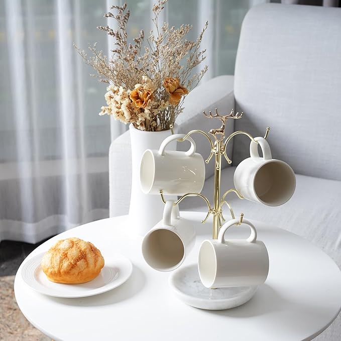 BCS Mug Holder with Marble Base - 6 Hooks Mug Rack Coffee Cup Storage Tree Jewelry Display Stand Holder for Countertop