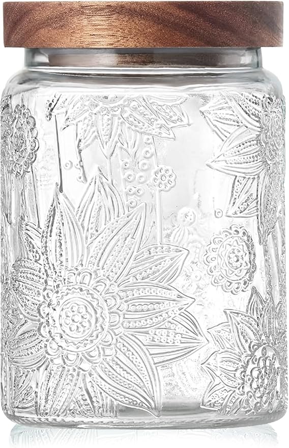Vintage Glass Jar with Wood Lid - Airtight Canisters for Kitchen Countertop and Bathroom, for Storage Candy, Cookie, Coffee, Apothecary, Sugar, Flour, Tea, Pet Treat, 24 OZ Sunflower