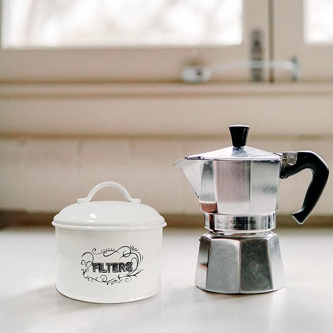 SOTECH Coffee Filter Holder Storage,White Basket Enamel Filter Jar Container in Rustic Farmhouse Distressed Enamelware Design Round for Counter(Metal Coffee Filter Jar)