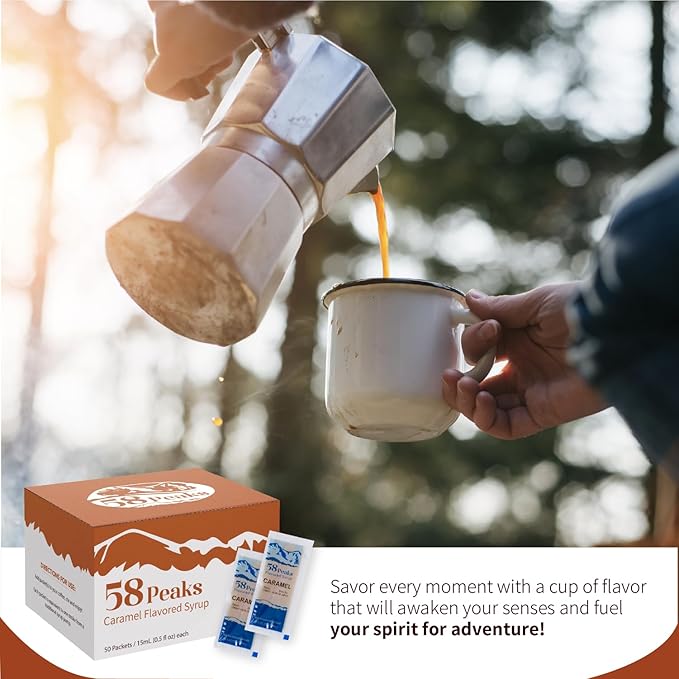 58Peaks Caramel Flavored Syrup Sweetener Packets for Hot and Cold Drinks | To-Go Syrup Flavoring Perfect for Coffee, Tea, Milkshake and More | Flavored Coffee Syrups for Travel | 15mL | 50-Pack