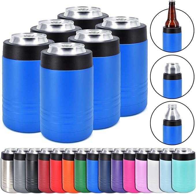 Clear Water Home Goods - 12 oz Stainless Steel Double Wall Vacuum Insulated Can or Bottle Beverage Cooler - Powder Coated Royal Blue - 6 Pack
