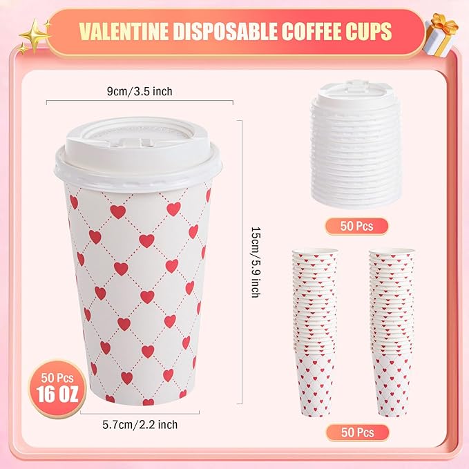 FOBSME 50 Pcs Valentine Disposable Coffee Cups With Lids 16oz Red White Love Heart Paper Cups Valentine Party Drinking Cups for Wedding Anniversary Party Supplies
