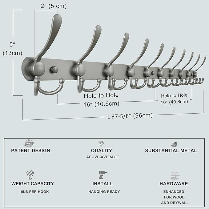 Dseap Coat Rack Wall Mount - 38” Long 10-Tri-Hooks Heavy Duty Coat Hanger Rail Wall Hooks for Hanging Coats Hats Clothing Clothes Purse Mudroom Entryway, Gray, Pack of 2