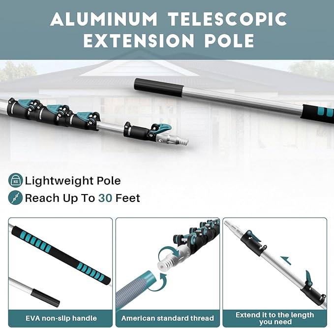 36 Foot High Reach Duster Kit with 7-30FT Extension Pole High Ceiling Dusting and Window Cleaning Kit with Telescopic Pole Window Washer&Squeegee,Cobweb Duster,Fan Duster and Feather Duster