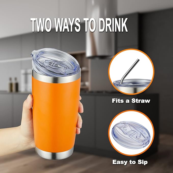 COMOOO 20oz Double Wall Vacuum Insulated Travel Mug Bulk Stainless Steel Tumbler with Lid and Straw Durable Powder Coated Insulated Coffee Cup for Cold & Hot Drinks (Orange, 12 pack