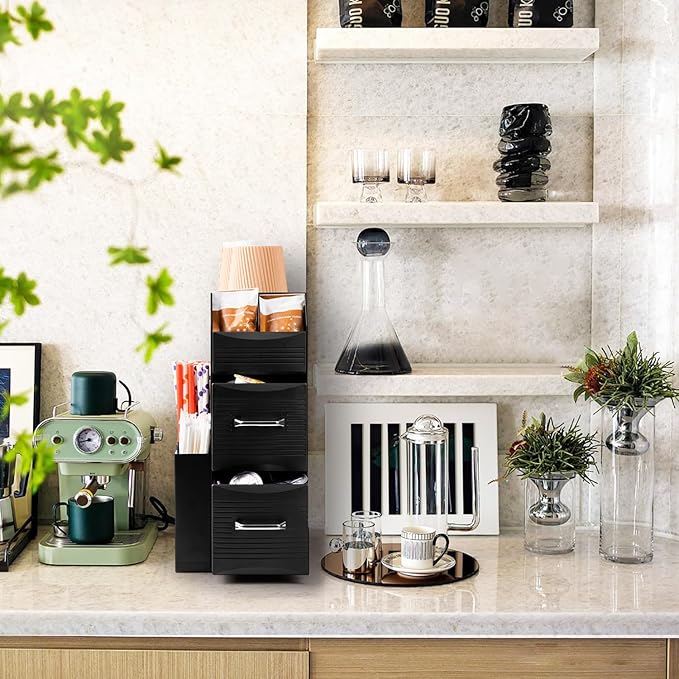 SZQINJI Coffee Condiment Organizer 11-Compartment Breakroom Coffee Station Organizer Countertop Cup Storage with 2 Drawers Black