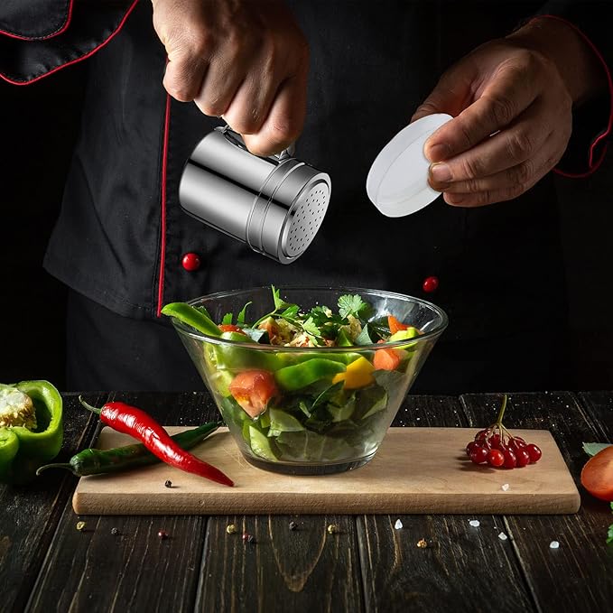 Lallisa 20 Pcs Stainless Steel Salt and Pepper Shakers with Lid and Handle Dredge Spice Seasoning Condiment Popcorn Salt Shaker Powder Sugar Flour for Cooking Kitchen Baking (10oz)