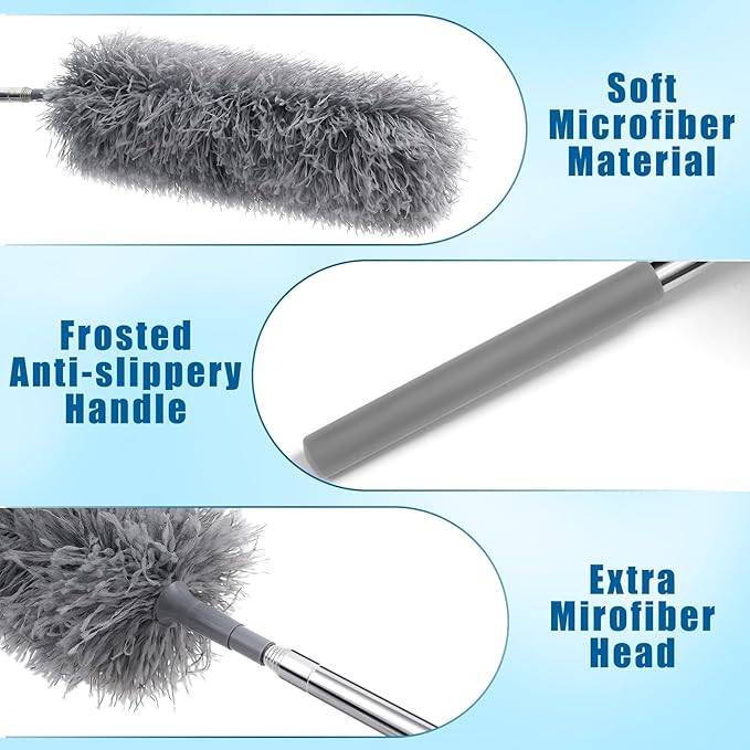 Tanlade 12 Pcs Microfiber Feather Duster for Cleaning 13-31 Inch Extendable Cobweb Dusters Ceiling Fan Duster Washable Bendable Tool for Office Car Window Furniture (Gray)