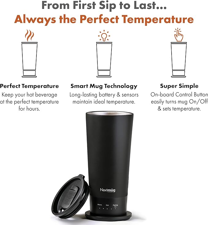 Nextmug Go - Temperature-Controlled, Self-Heating Travel Mug (Black - 16 oz.)