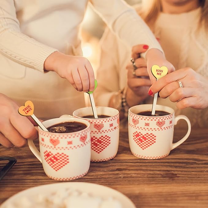 120Pcs Valentine's Day Coffee Stirrers Pastel Conversation Heart Stir Sticks Wooden Drink Stirrers Disposable For Home Office Bar Restaurant Party Supplies