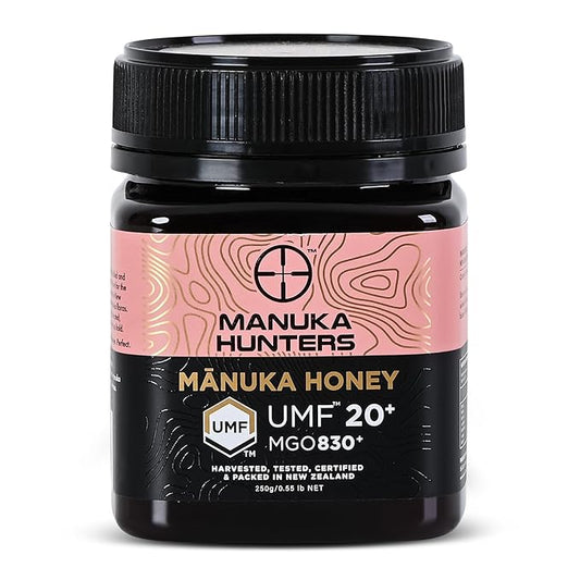 Manuka Hunters UMF 20+/MGO 830+ Certified New Zealand Manuka Honey - 100% Pure Natural Sweetener - Gluten, Dairy Free - Ideal for Tea, Coffee, Smoothies, and Baking - Sustainable - 8.8oz/250g Jar