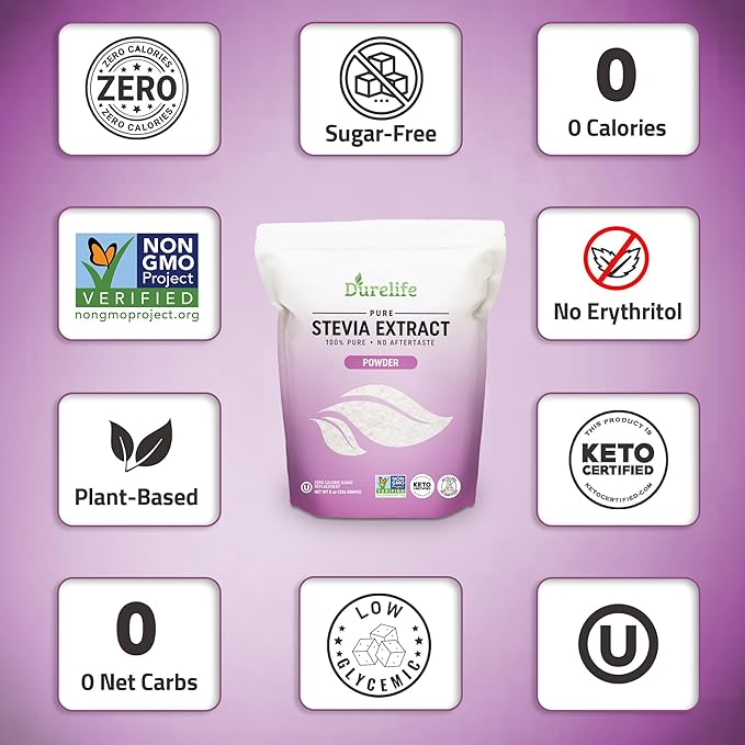 Durelife 100% Pure stevia extract sweetener 8 oz | No Erythritol, NON-GMO Project Verified, No Fillers, Zero Calorie Sugar Substitute | No Aftertaste | Micro-Spoon Included | 8 oz