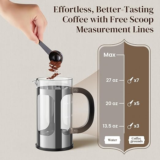 Veken French Press Coffee Maker 34oz 1 L, No Plastic Touching Cafe, Heat Resistant Thickened Borosilicate Glass, Stainless Steel Brewer, Cold Brew Cafetera Teapot for Kitchen Travel Camping, Silver