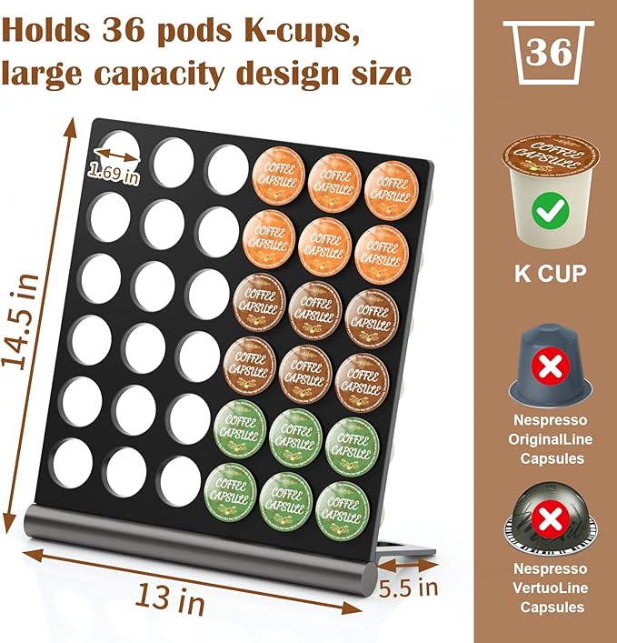 Coffee Pods Holder Organizer Compatible with K cup,36 Pods Large Capacity Coffee Pod Storage Organizer Compatible with keurig pods, Space Saving K-Cups Organizer for Kitchen Office Coffee Bar