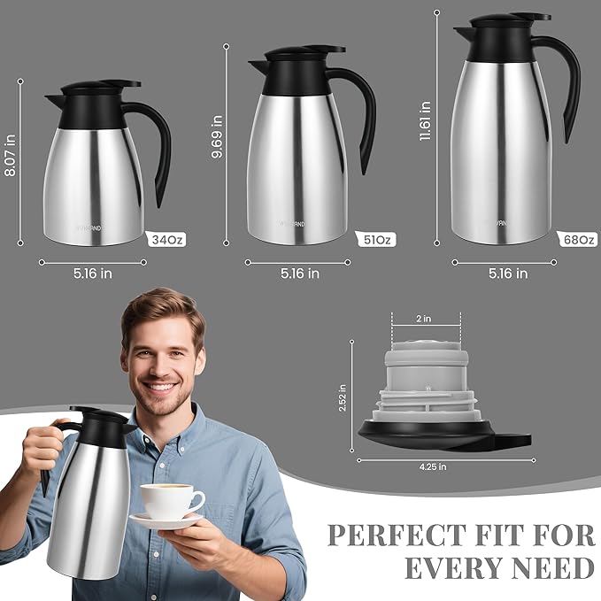 68 Oz Thermal Coffee Carafe, Stainless Steel Insulated Vacuum coffee crafts to keep coffee hot, 2 Liter Tea Water Coffee and Beverage Dispenser (Silver)