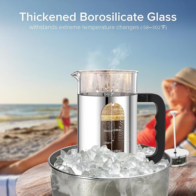 French Press Coffee Maker, 304 Stainless Steel Cold Brew Coffee Maker with 4 Filter, Heat Resistant Borosilicate Glass, Easy to Clean, BPA Free Iced Coffee Maker Rust-Free Coffee Press, 34ounce,Silver