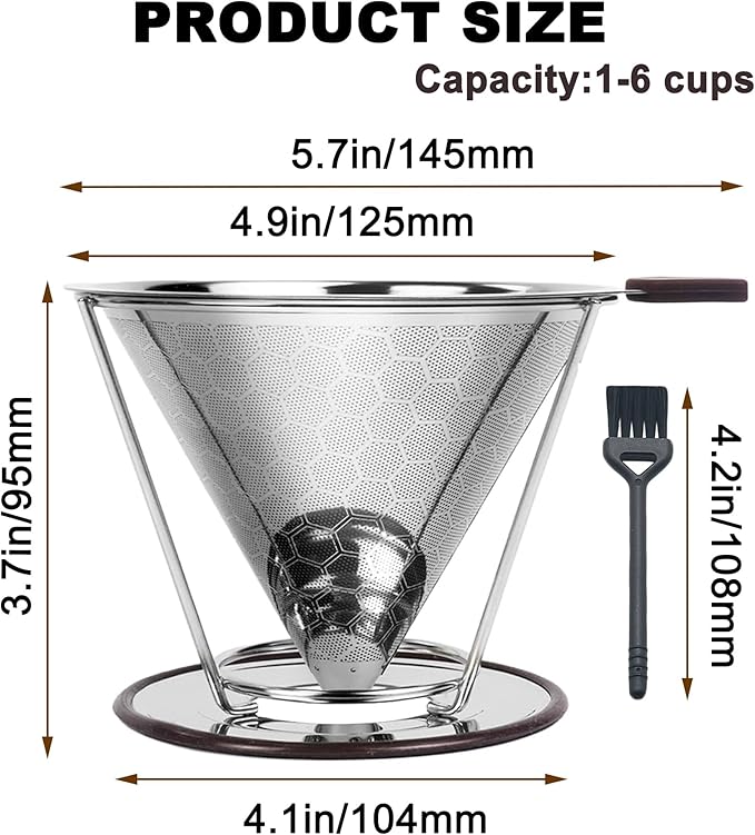 Pour Over Coffee Dripper - 304 Stainless Steel Filter, Paperless & Reusable Dual-Layer Metal with Base, 800 Mesh Steel Cone Filter, for 1-6 Cups Brew Coffee Maker