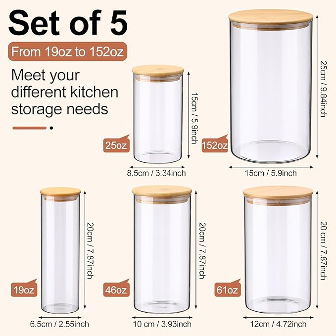 LemonRoad 5 Pack Airtight Glass Storage Jars with Bamboo Lids 152oz/61oz/46oz/25oz/19oz Glass Canisters Sets Food Storage Containers for Flour, Sugar, Rice, Microwave and Freezer Safe