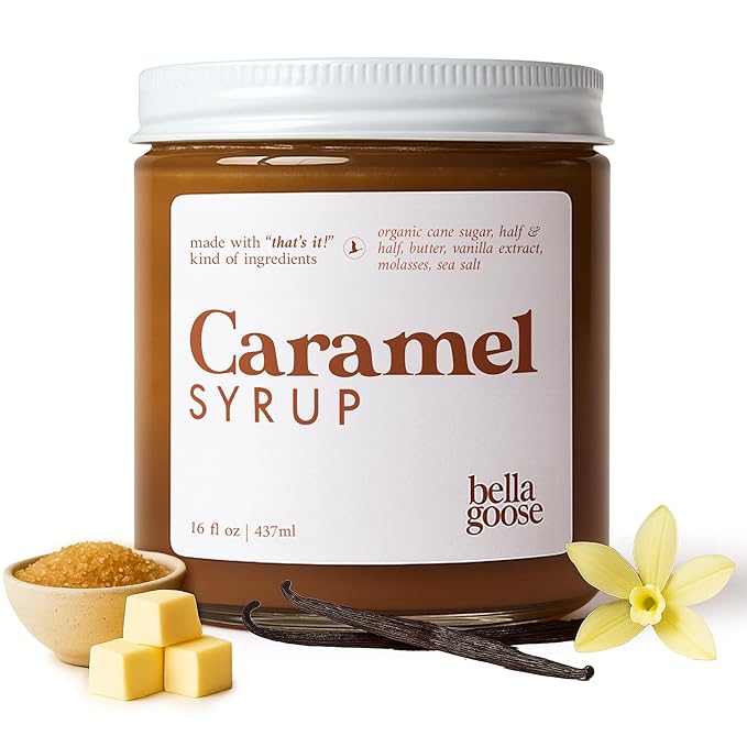Bella Goose Salted Caramel Coffee Syrup (16oz) - Homemade Pure Cane Sugar Syrup for Lattes, Desserts, & Ice Cream - Clean Ingredient - No Artificial Flavors, Oils, Dyes, Preservatives - Syrups for Coffee Drinks