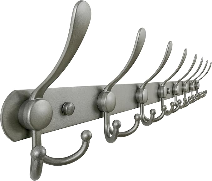 Dseap Coat Rack Wall Mount - 29.5” Long 8-Tri-Hooks Heavy Duty Coat Hanger Rail Wall Hooks for Hanging Coats Hats Clothing Clothes Purse Mudroom Entryway, Gray