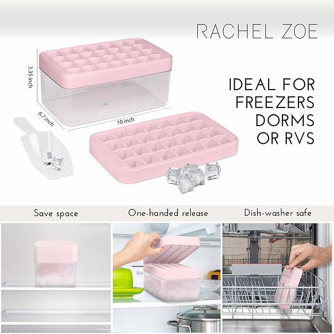 Rachel Zoe 2-Piece Stackable Ice Cube Tray with Bin Set, BPA Free 56 Cubes Ice Tray for Freezer with Bucket, Scoop and Easy Release Lid, for Fruit & Herb Infusions, Cocktails, Iced Coffee Drinks
