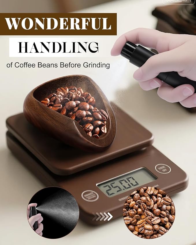 Coffee Bean Dosing Cup Set, Walnut Dosing Tray with 15ml Stainless Steel Measuring Spoon & 10ml Coffee spray bottle, Espresso Accessories for Baristas and Home Brewers