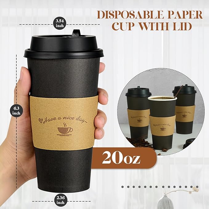 LITOPAK 50 Pack 20 oz Paper Coffee Cups for Hot Chocolate Drinks, Black Disposable Coffee Cups with Lids, Sleeves and Stirring Sticks for Parties, Picnic, Travel, and Events