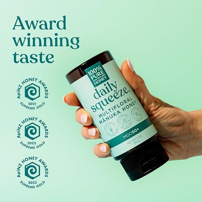 Manuka Honey New Zealand - MGO 50+ Multifloral 100% Pure New Zealand Mānuka Squeezy Honey, Raw Mānuka Honey, 12 Ounce