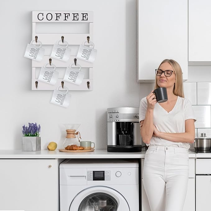 Solid Wood Coffee Mug Holder Wall Mounted, Rustic Cup Rack with 8 Hooks Large Space for Big Cups for Kitchen, Home, Coffee Bar Station (White)