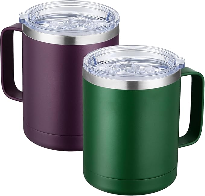 MEWAY 12oz Coffee Mug With Handle 2 Pack Bulk,Stainless Steel Insulated Travel Tumblers With Sliding Lid,Double Wall Vacuum Camping Cup for Hot & Cold Drinks Tea (Forest Green&Plum,Set of 2)