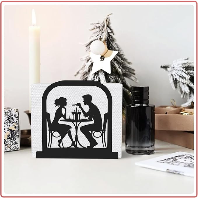 Modern Standing Napkin Holder for table, Black Metal Napkin Dispenser, Romantic Couple Meal Theme Style Napkin Holder, Suitable for Kitchen, Coffee Shop, Dining Room