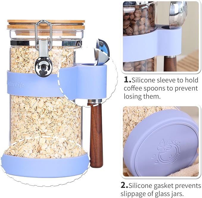 KKC Airtight Coffee Canister, Glass Coffee Bean Storage Contaienr with Silicon Scoop Holder, Non-Slip Silicon Coffee Storage Canister with Spoon for 1 lb Bean,40 Fluid-oz, Violets