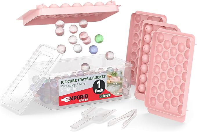 Round Ice Cube Tray Set Pack of 1, BPA-Free Stackable Trays with Lid & Tongs, 33 Ice Balls Per Tray for Whiskey, Drinks, and Cocktails, Quick Release Round Ice Cube Mold, Pink
