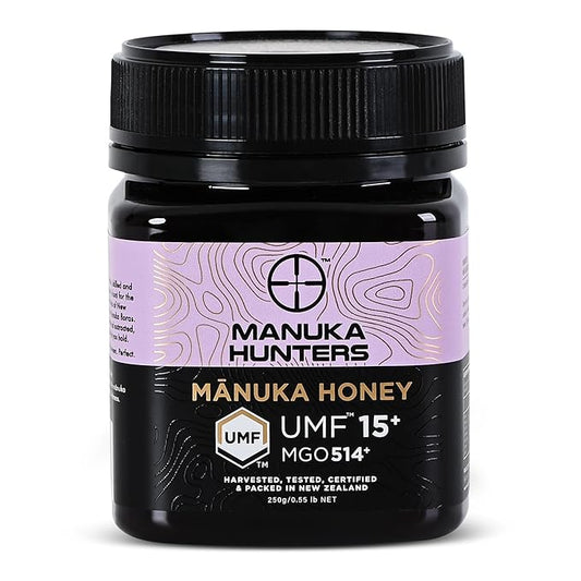 Manuka Hunters UMF 15+/MGO 514+ Certified New Zealand Manuka Honey - 100% Pure Natural Sweetener - Gluten, Dairy Free - Ideal for Tea, Coffee, Smoothies, and Baking - Sustainable - 8.8oz/250g Jar