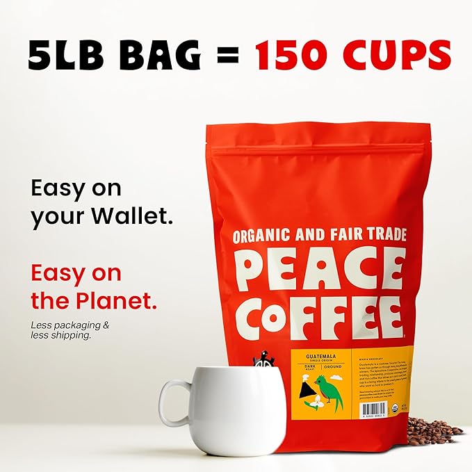 Peace Coffee Guatemala Single Origin Coffee | 5 lb Ground Dark Roast | Organic Fair Trade | Rich, Chocolatey Flavor | Shade Grown, Fresh Roasted
