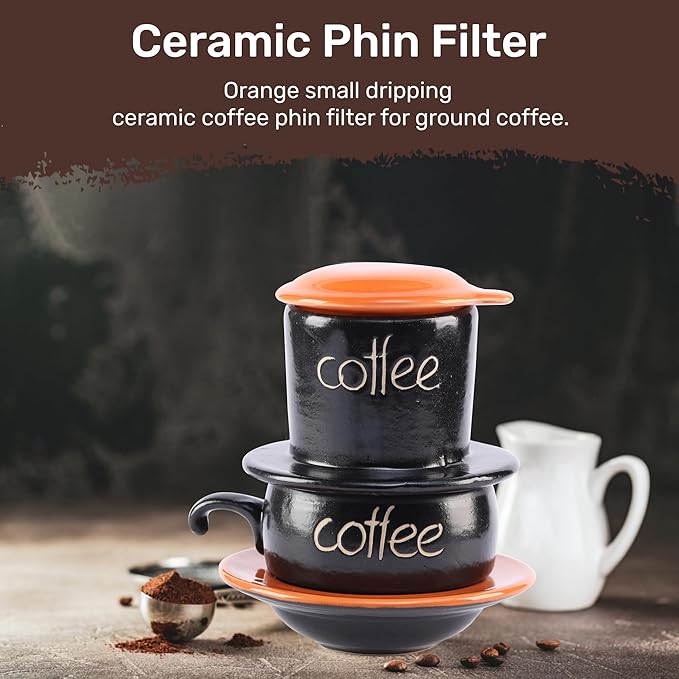 Birdee Ceramic Phin Filter - Orange Small Dripping Ceramic Coffee Phin Filter for Ground Coffee - Portable Camping Coffee Maker - Easy to Use Coffee Drip Filter - Gift for coffee lovers
