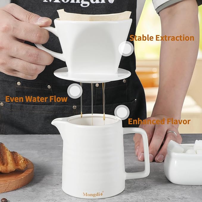 Mongdio Pour Over Coffee Maker, Ceramic Pour Over Dripper, Coffee Pour Over with 3 Holes Flat Bottom, Coffee Accessories for Home, Size 02 White