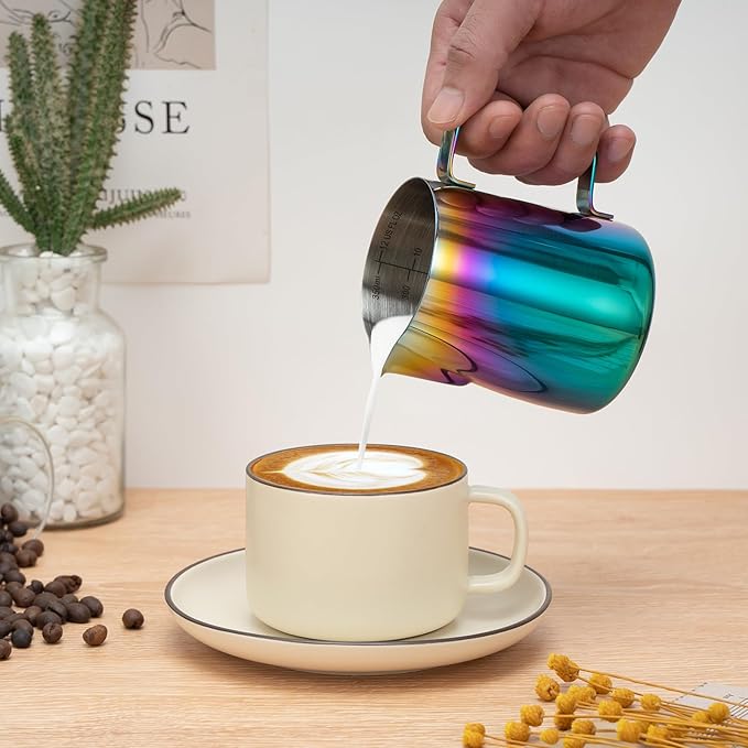 Milk Frothing Pitcher, 12 oz Milk Frother Cup with Clear Scale, 304 Stainless Steel Cappuccino Espresso Machine Accessories for Barista Coffee Bar with Latte Art Pen, Multicolor