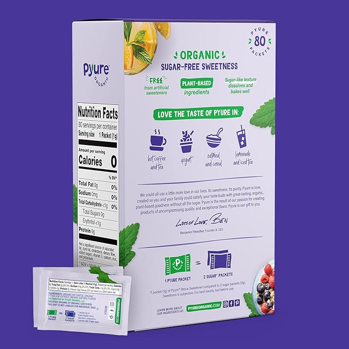 Pyure Organic Stevia Packets | Granulated Sugar Packets - White Sugar Substitute | Zero Carb, Zero Sugar, Zero Calorie Sweetener Packets | Plant-Based Stevia Packets for Keto Coffee | 80 Count