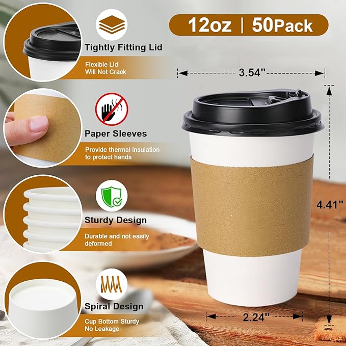 Lamosi 50 Pack 12 oz Disposable Coffee Cups with Lids and Sleeves, White To Go Leak-Proof Black Paper Cups for Picnics, Parties, Travel, Offices and Coffee Bar Supplies