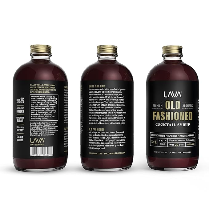 LAVA Premium Aromatic Old Fashioned Cocktail Syrup 16oz, Makes 32 Cocktails, Made with Aromatic Bitters, Demerara, Marasca Cherry, Orange Zest, Hazelnut and Cinnamon. Ready to Use. Just Add Whiskey.