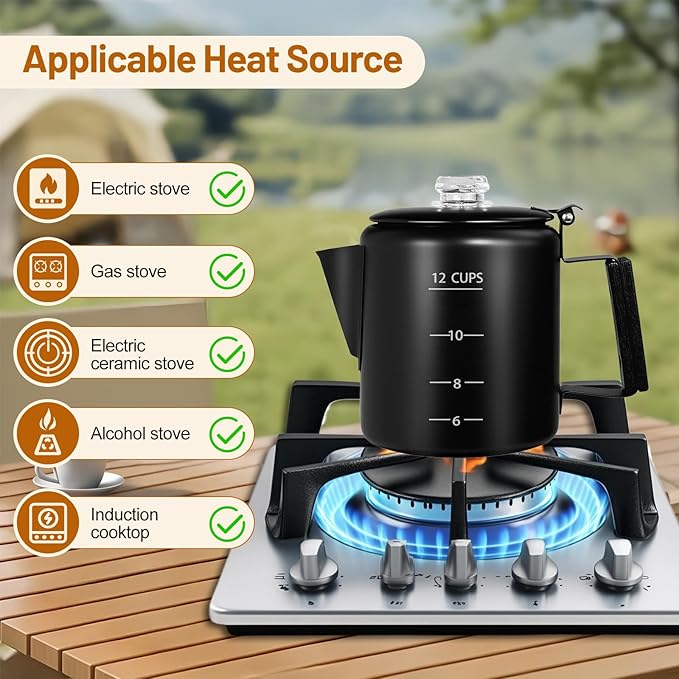 No Coating 12 Cup Percolator Coffee Pot 304 Stainless Steel Moka Pot Stovetop Espresso Maker Italian Greca Cuban Machine 2200ml 74.4oz Suitable for Gas Induction Stovetop Camping Kettle