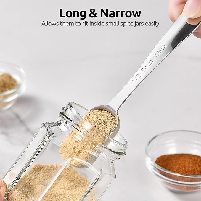 U-Taste Narrow Square Measuring Spoons: 18/8 Stainless Steel Kitchen Measure Teaspoon Tablespoon with Leveler, Polygon Rectangular Metal Jar Scoop for Baking Cooking, Coffee, Spice, Powder (Set of 6)