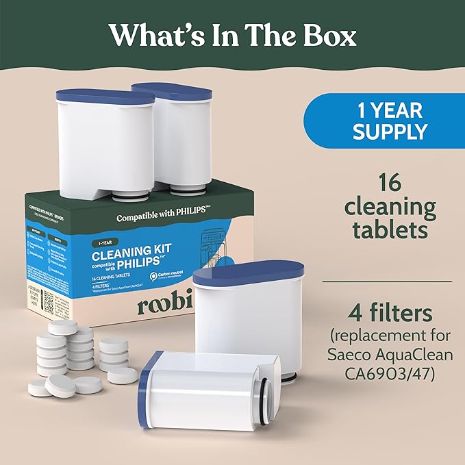 Roobi Cleaning Tablets & Filters Compatible with Philips. Includes 16 Espresso Cleaning Tablets & 4 Water Filters. Carbon Neutral Philips Cleaner Kit. 1 Year Supply.