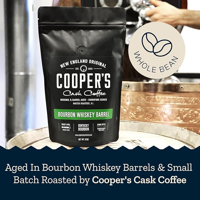 Bourbon Barrel Aged Coffee, Single-Origin Colombian Beans Aged in Kentucky Bourbon Whiskey Barrels, Medium Dark Roast Whole Bean, 12 oz